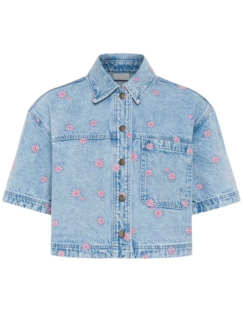 Kaffe Babena Short Sleeve Embroidered Denim Shirt in Pink Flowers