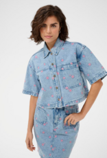 Kaffe Babena Short Sleeve Embroidered Denim Shirt in Pink Flowers