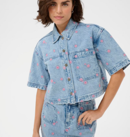 Kaffe Babena Short Sleeve Embroidered Denim Shirt in Pink Flowers