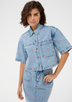 Kaffe Babena Short Sleeve Embroidered Denim Shirt in Pink Flowers