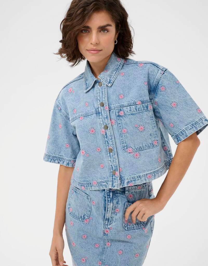 Kaffe Babena Short Sleeve Embroidered Denim Shirt in Pink Flowers