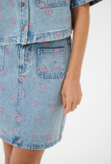 Kaffe Babena Embroidered Denim Skirt in Pink Flowers