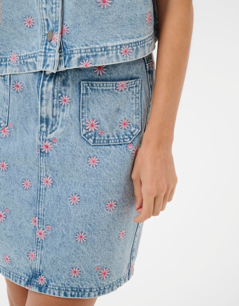 Kaffe Babena Embroidered Denim Skirt in Pink Flowers