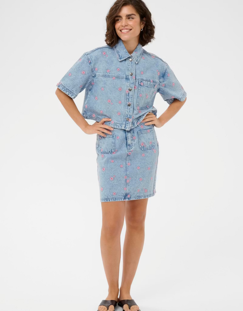 Kaffe Babena Embroidered Denim Skirt in Pink Flowers