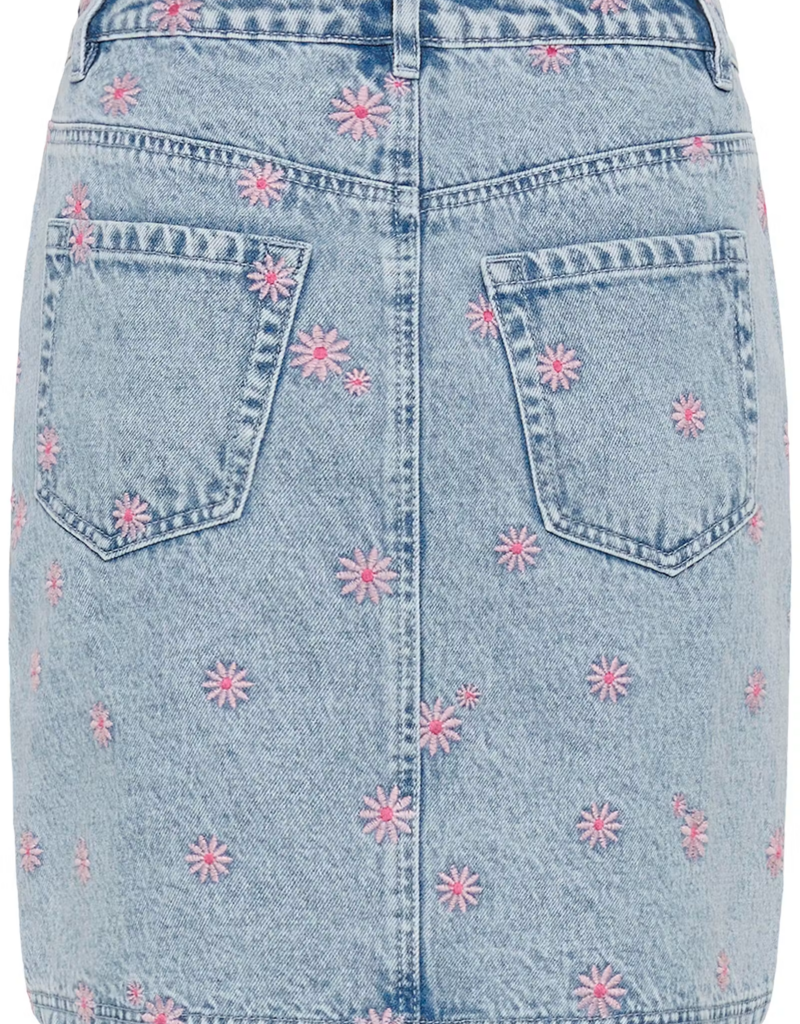 Kaffe Babena Embroidered Denim Skirt in Pink Flowers