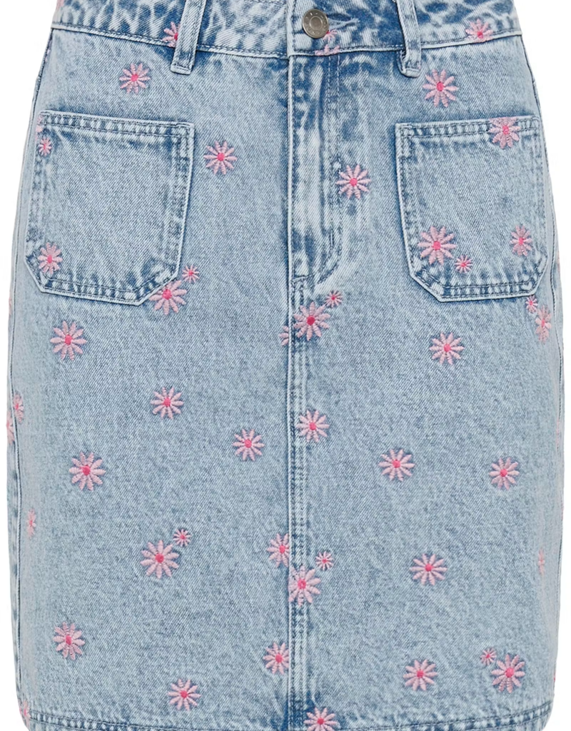Kaffe Babena Embroidered Denim Skirt in Pink Flowers