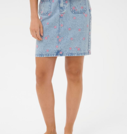 Kaffe Babena Embroidered Denim Skirt in Pink Flowers