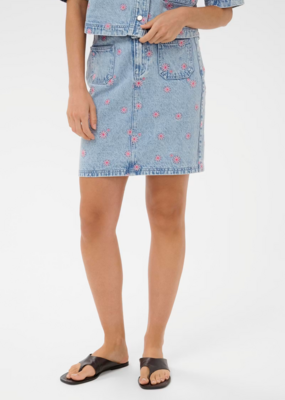 Kaffe Babena Embroidered Denim Skirt in Pink Flowers