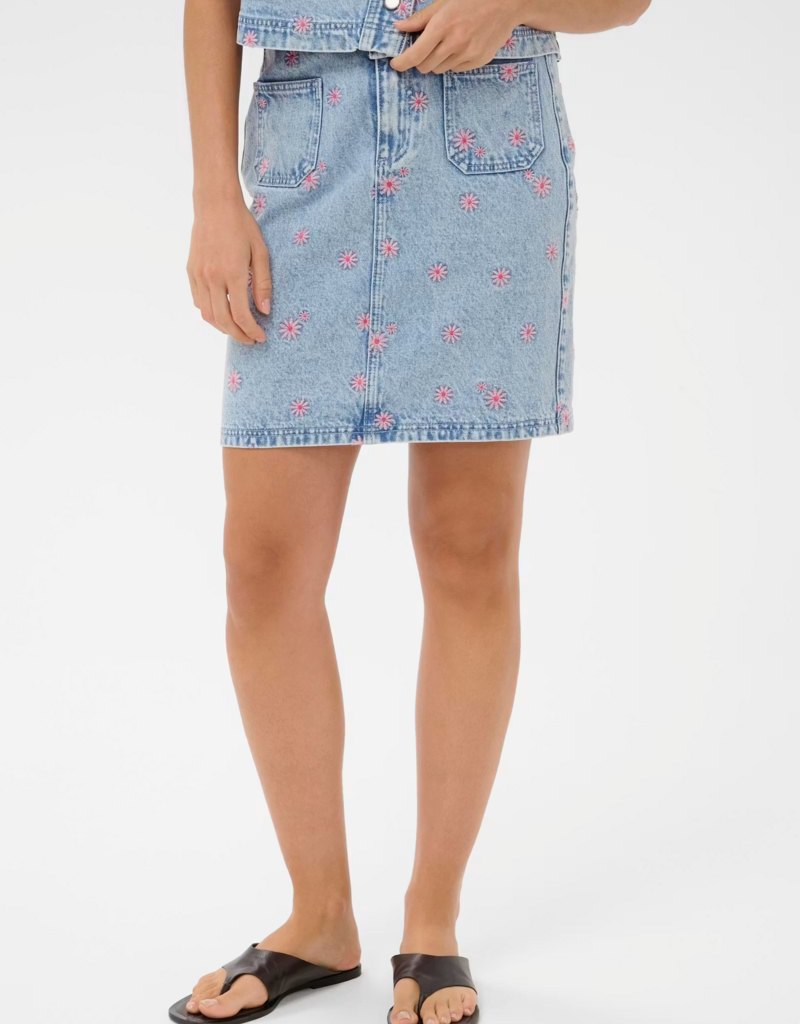 Kaffe Babena Embroidered Denim Skirt in Pink Flowers