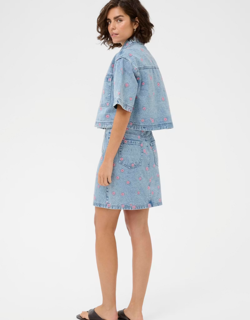 Kaffe Babena Embroidered Denim Skirt in Pink Flowers
