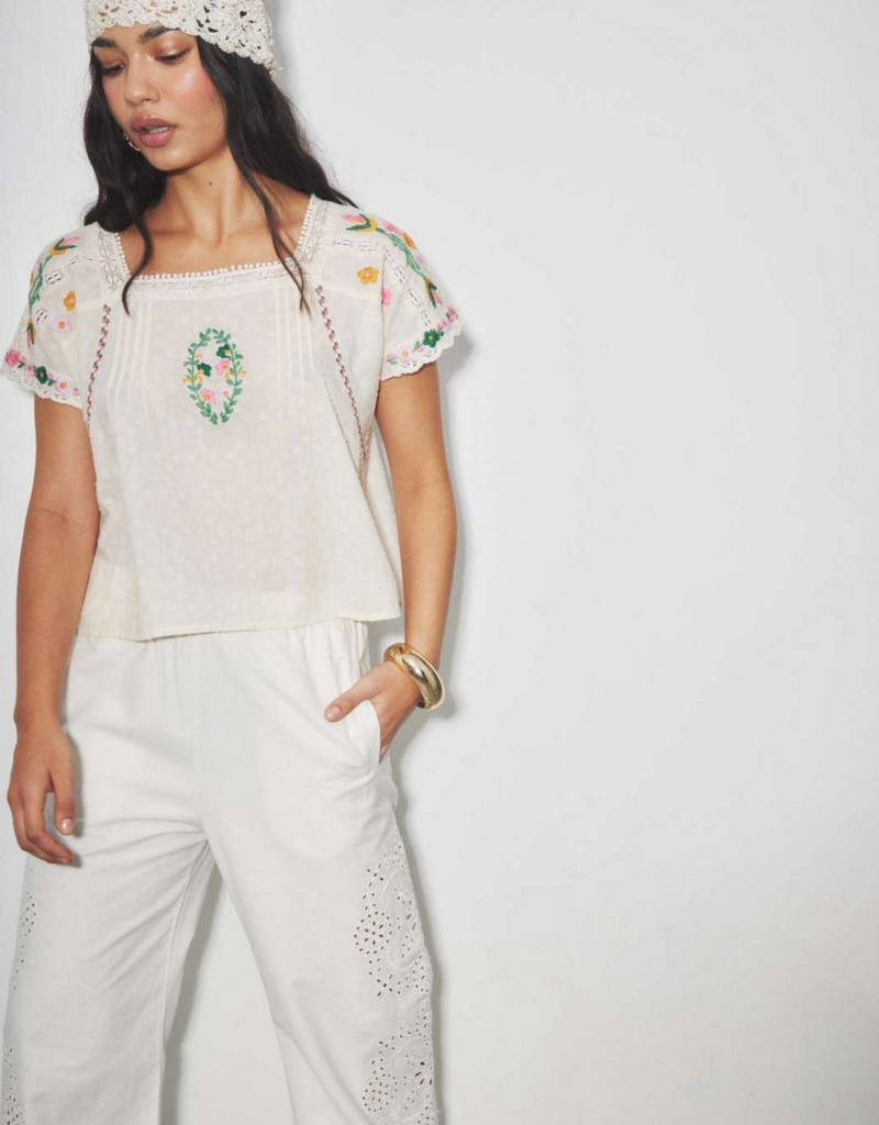 Louizon Wish Embroidered Short Sleeve Blouse in Vanilla
