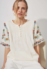 Louizon Badge Embroidered Short Sleeve Blouse in Ecru