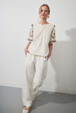 Louizon Badge Embroidered Short Sleeve Blouse in Ecru