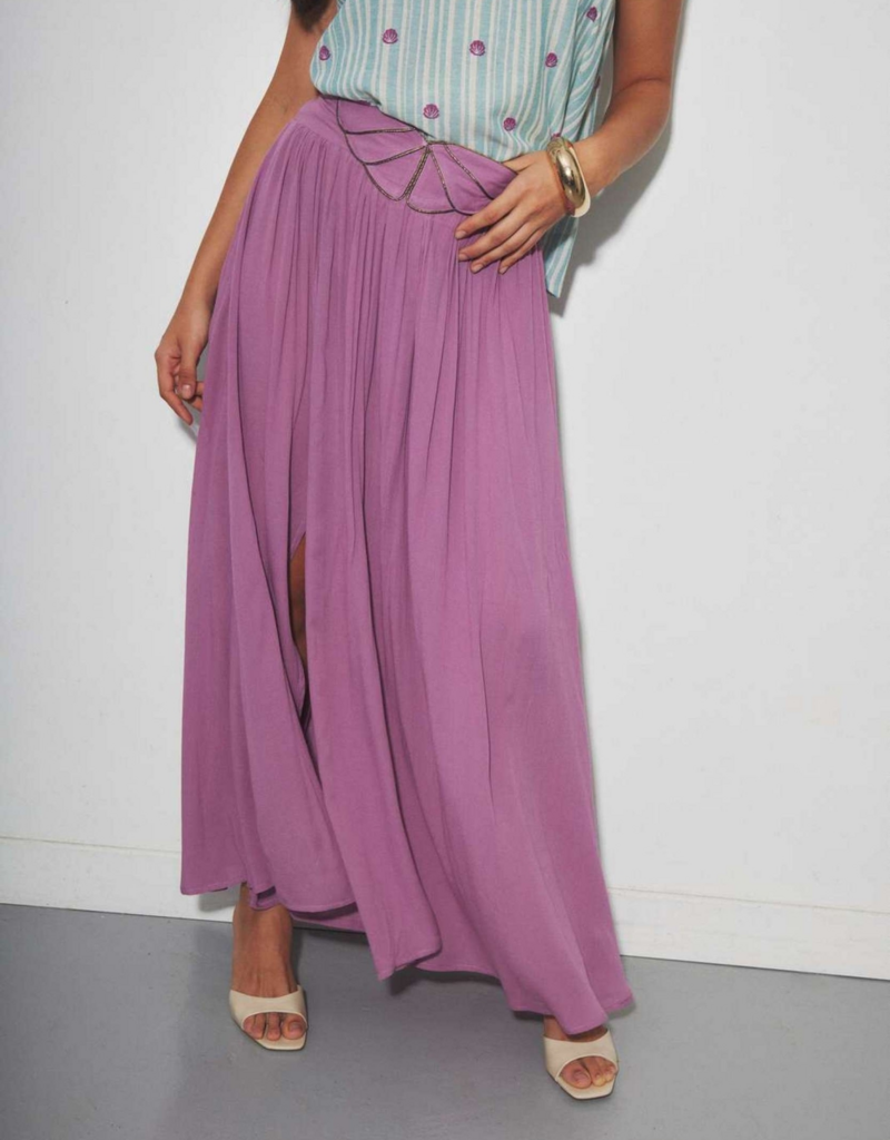 Louizon Kalin Maxi Skirt with Embroidered Belt Detail in Rose Lilac