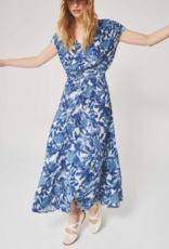 Louizon Kleya Cap Sleeve Printed Maxi Dress with Belt Detail in Blue Mix