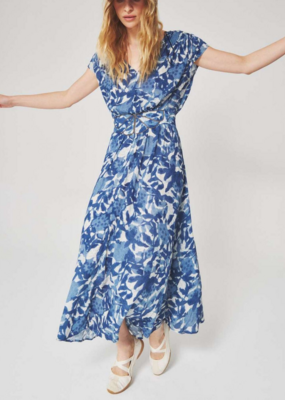 Louizon Kleya Cap Sleeve Printed Maxi Dress with Gold Belt Detail