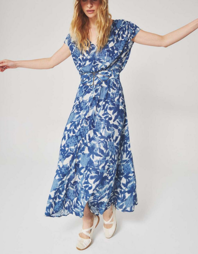 Louizon Kleya Cap Sleeve Printed Maxi Dress with Belt Detail in Blue Mix