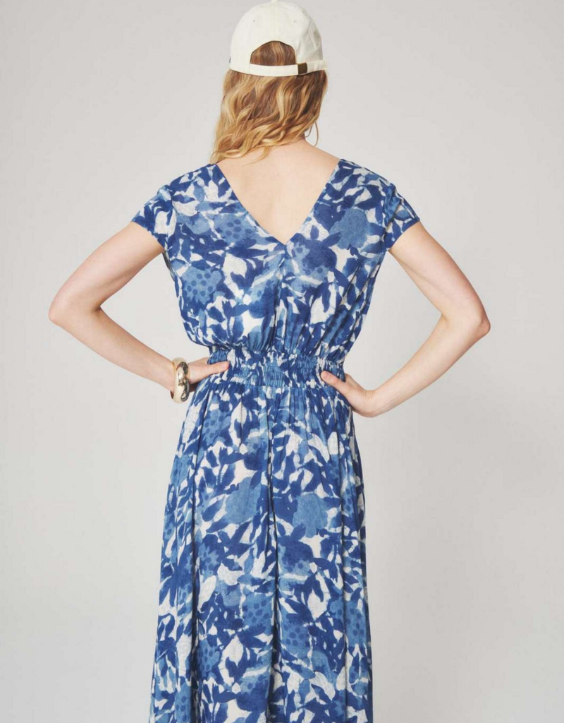 Louizon Kleya Cap Sleeve Printed Maxi Dress with Belt Detail in Blue Mix