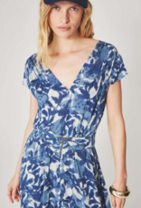 Louizon Kleya Cap Sleeve Printed Maxi Dress with Belt Detail in Blue Mix