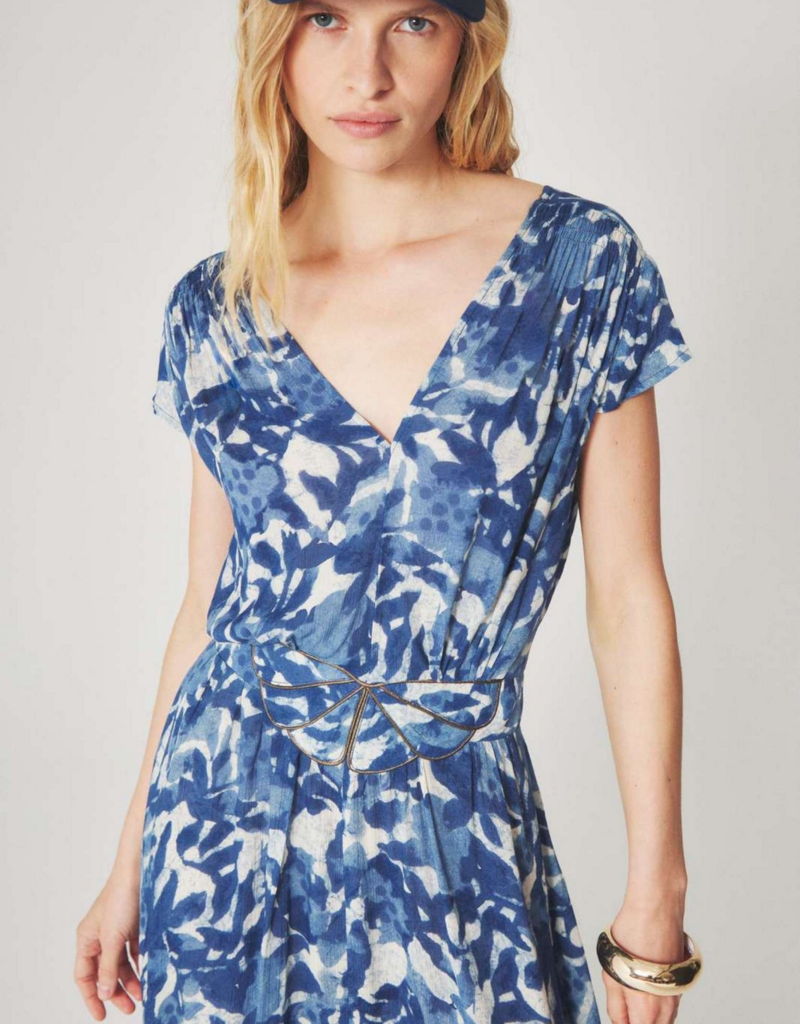 Louizon Kleya Cap Sleeve Printed Maxi Dress with Belt Detail in Blue Mix