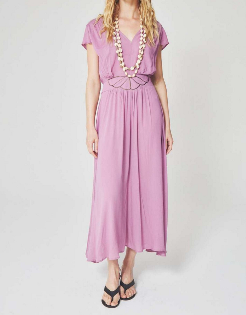 Louizon Kandy Cap Sleeve Maxi Dress with Embroidered Belt Detail