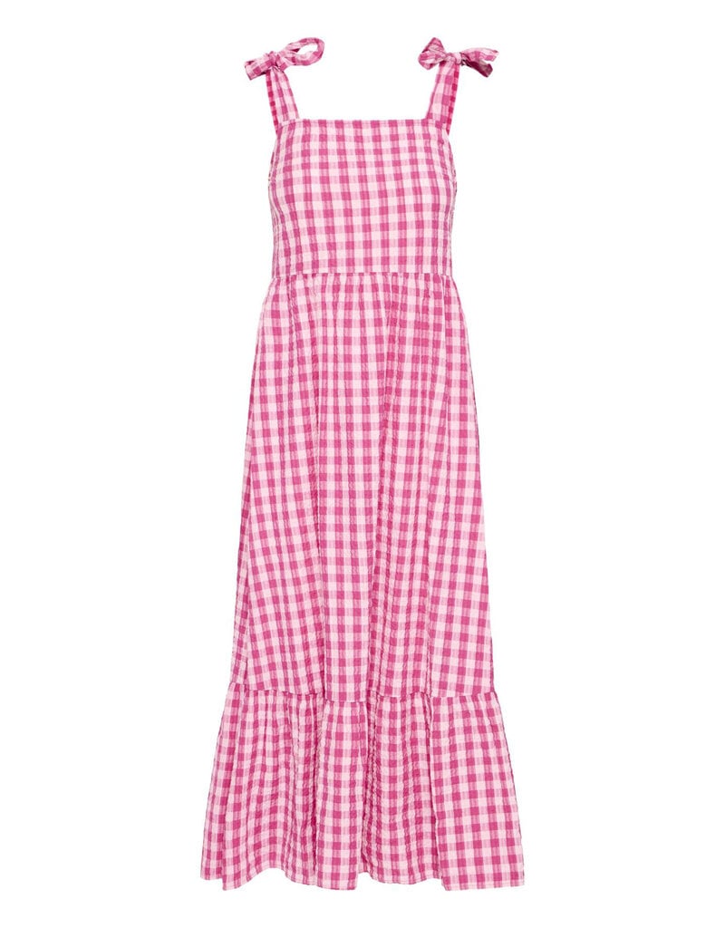 ICHI Felica 100% Cotton Tie Strap Dress in Very Berry Gingham