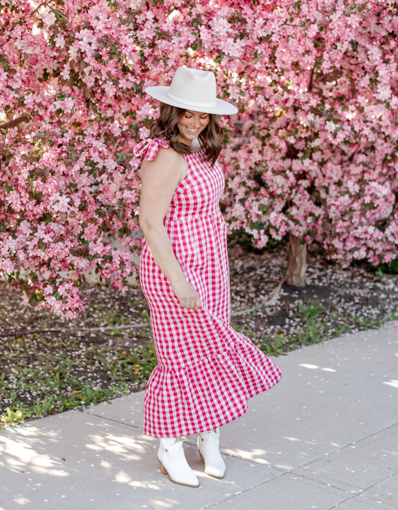 ICHI Felica 100% Cotton Tie Strap Dress in Very Berry Gingham