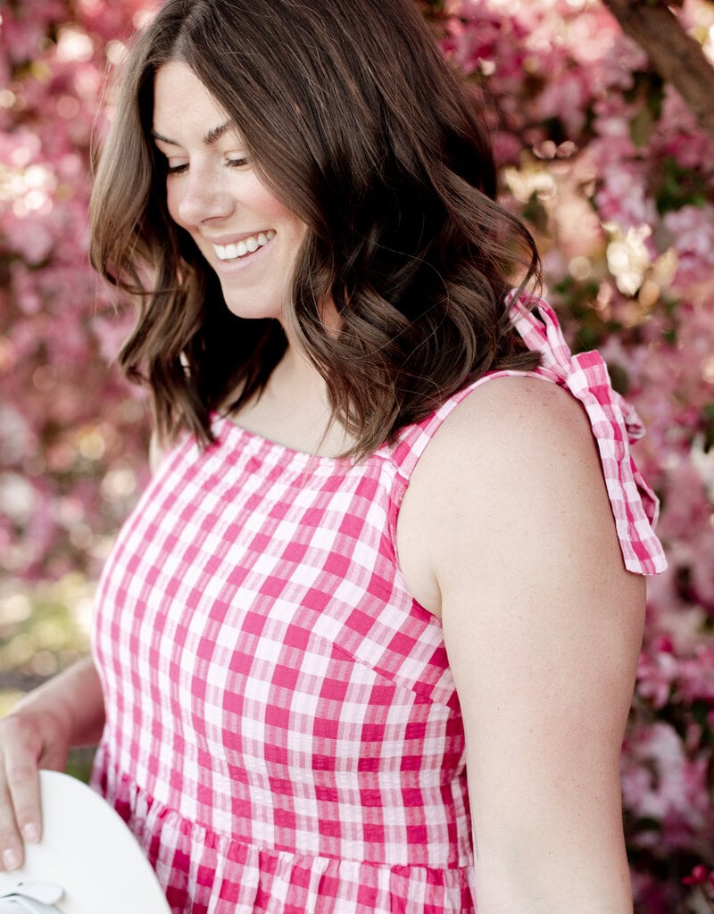 ICHI Felica 100% Cotton Tie Strap Dress in Very Berry Gingham