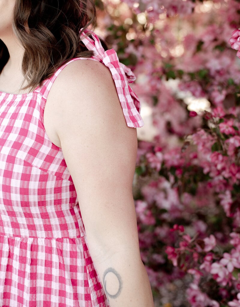 ICHI Felica 100% Cotton Tie Strap Dress in Very Berry Gingham