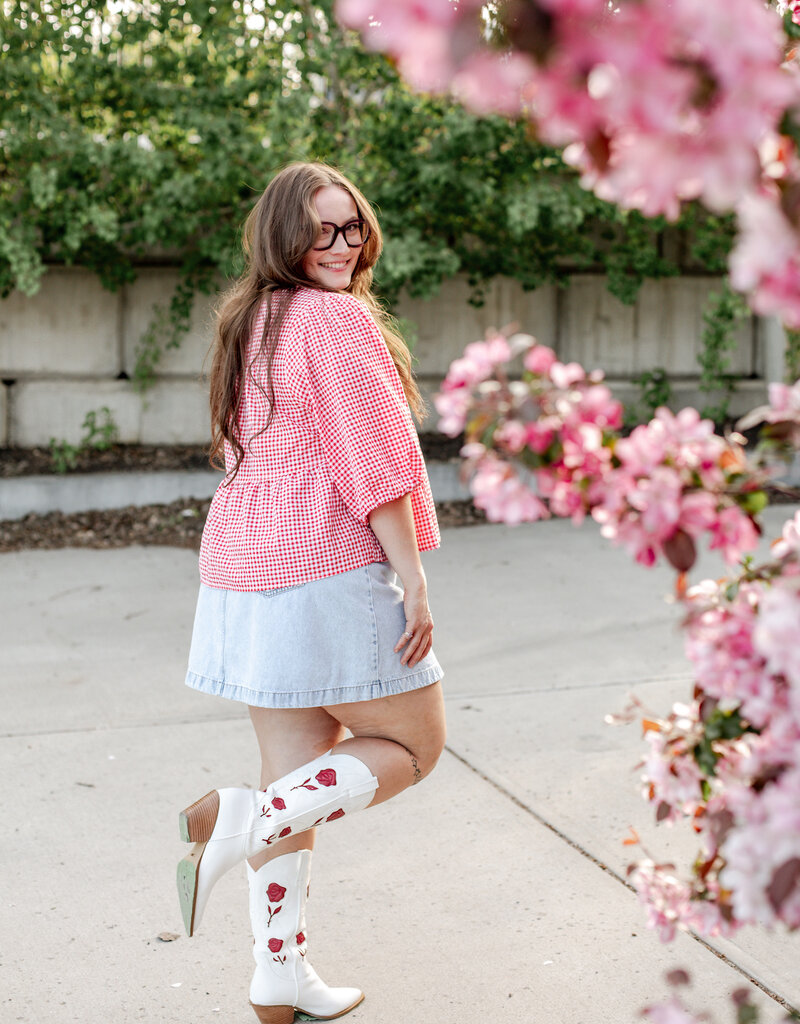 Velvet Heart Ferlita 100% Cotton Puff Sleeve Peplum Top in Cherry Gingham