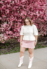 Charlie B Peony Scalloped Detail Denim Skirt with Built-In Shorts in Pink