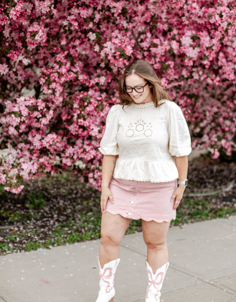 Charlie B Peony Scalloped Detail Denim Skirt with Built-In Shorts in Pink