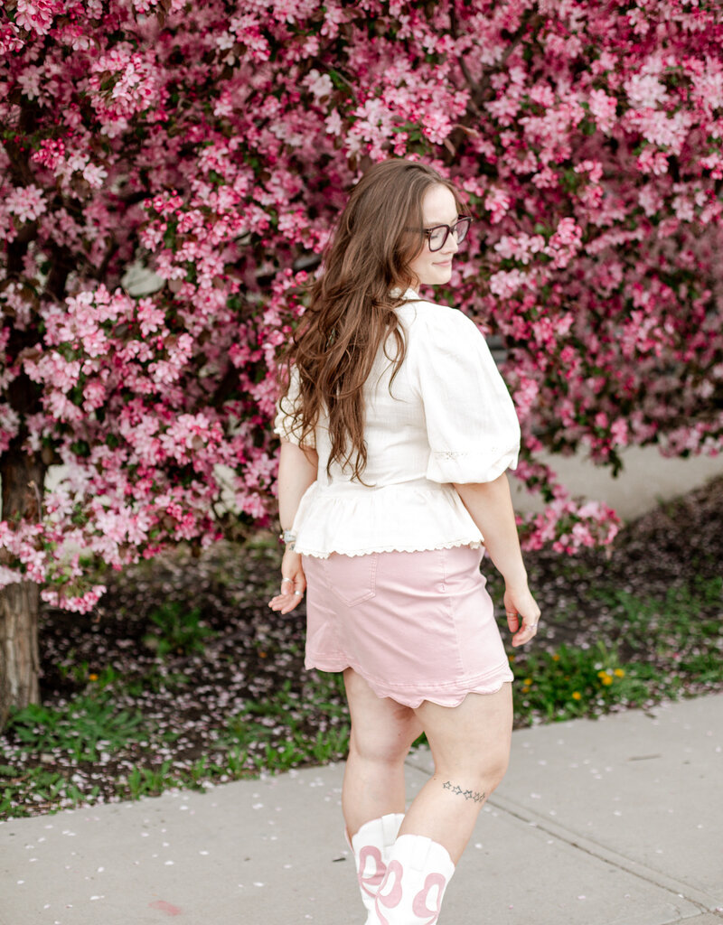 Charlie B Peony Scalloped Detail Denim Skirt with Built-In Shorts in Pink