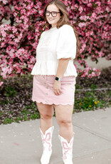 Charlie B Peony Scalloped Detail Denim Skirt with Built-In Shorts in Pink