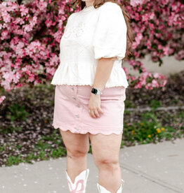 Charlie B Peony Scalloped Detail Denim Skirt with Built-In Shorts in Pink