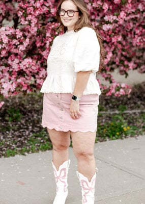 Charlie B Peony Scalloped Detail Denim Skirt with Built-In Shorts in Pink