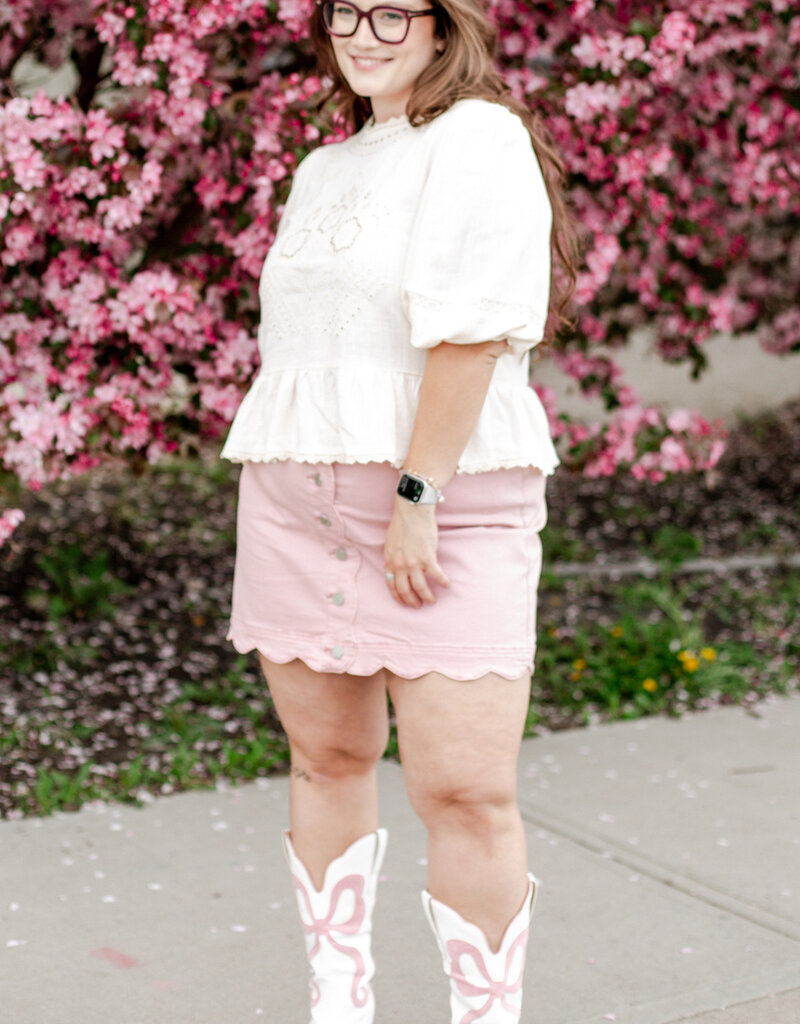Charlie B Peony Scalloped Detail Denim Skirt with Built-In Shorts in Pink