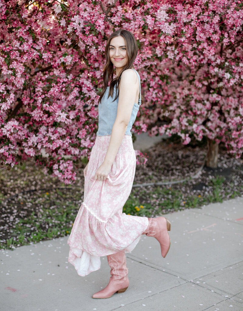 NKN Barcelona Lilas Long Smocked Waist Skirt in Rose Floral Print