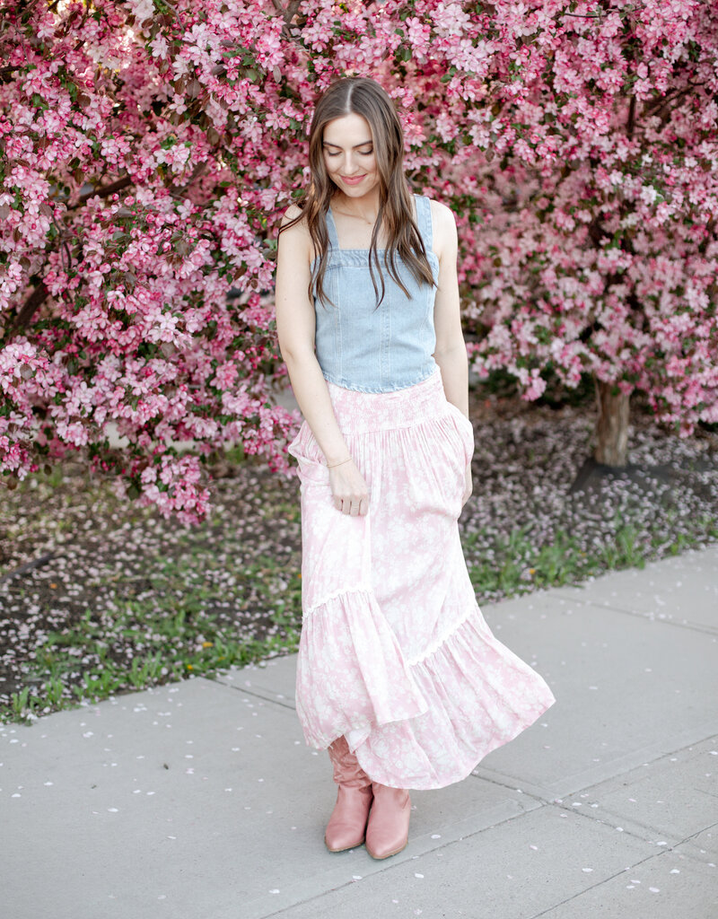NKN Barcelona Lilas Long Smocked Waist Skirt in Rose Floral Print
