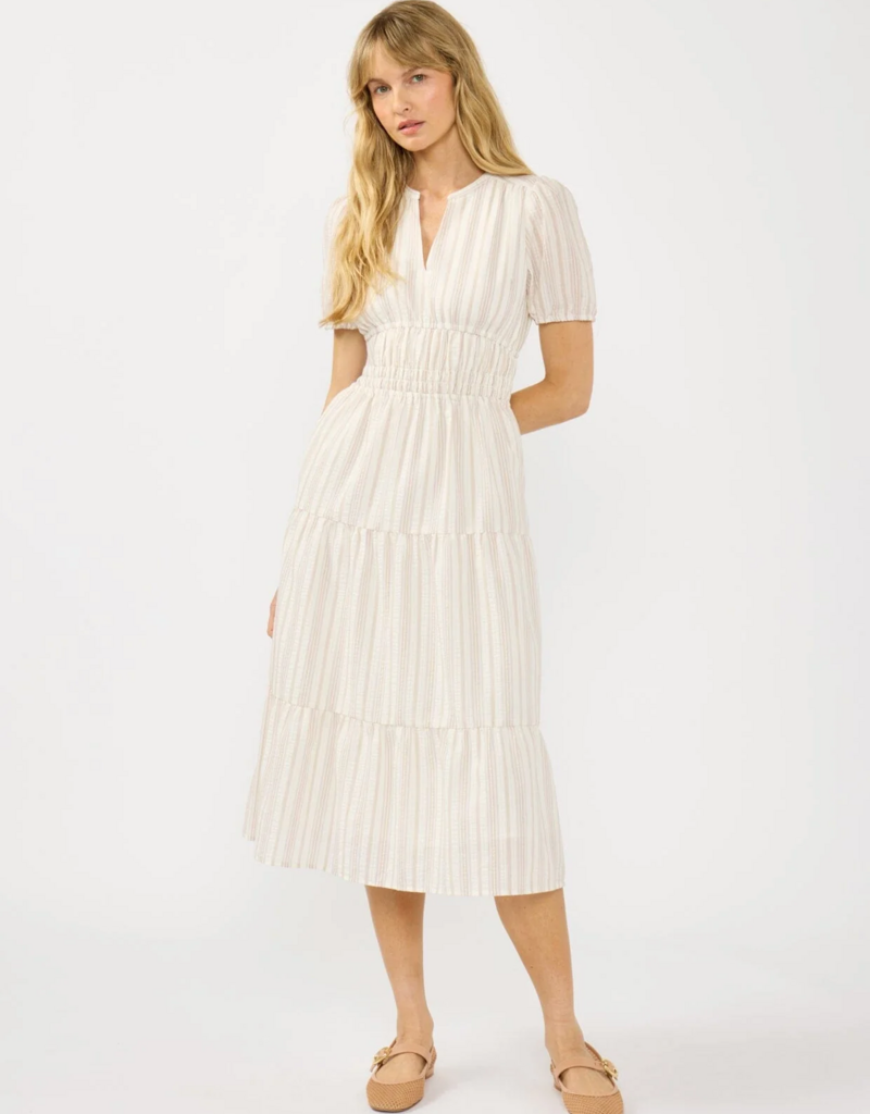 LoveStitch Sundazed 100% Cotton Midi Dress in Sand/Off White Stripe