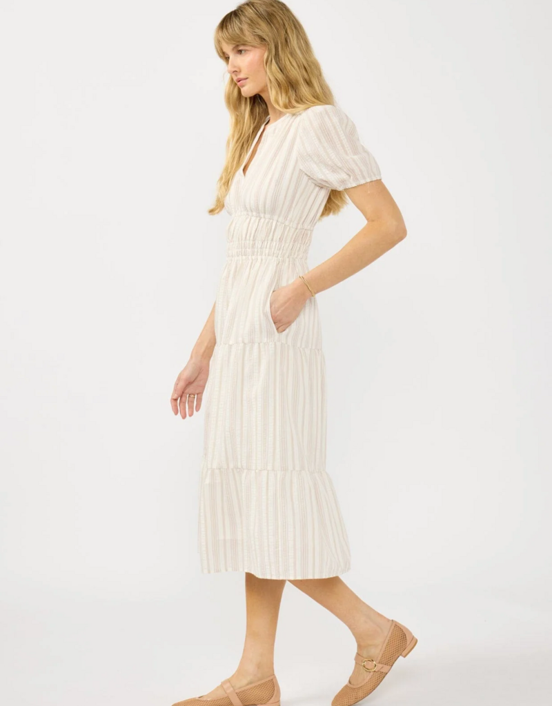 LoveStitch Sundazed 100% Cotton Midi Dress in Sand/Off White Stripe