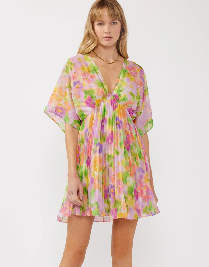LoveStitch Mystic Bloom Pleated V-Neck Mini Dress