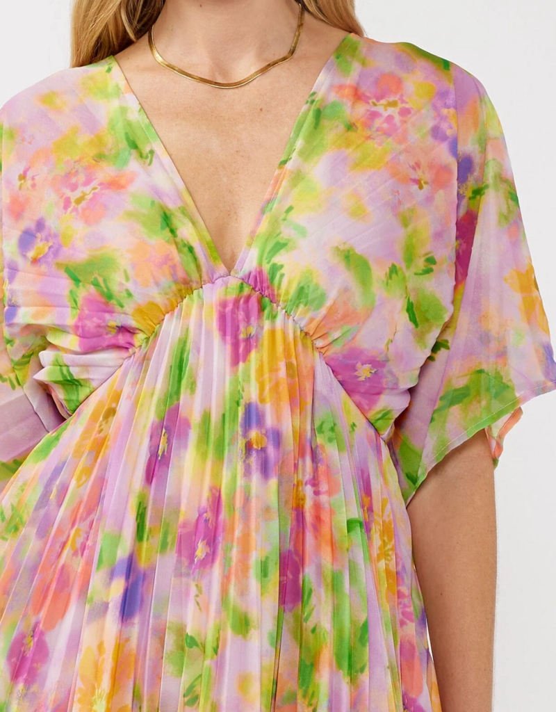 LoveStitch Mystic Bloom Pleated V-Neck Mini Dress