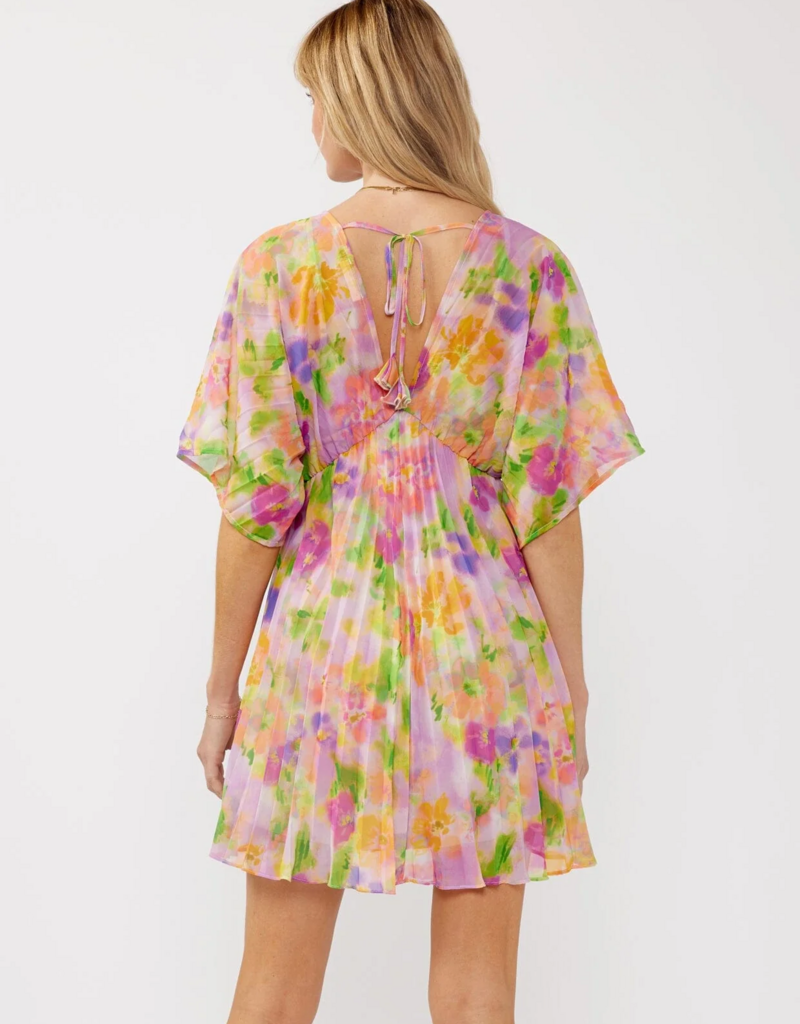 LoveStitch Mystic Bloom Pleated V-Neck Mini Dress