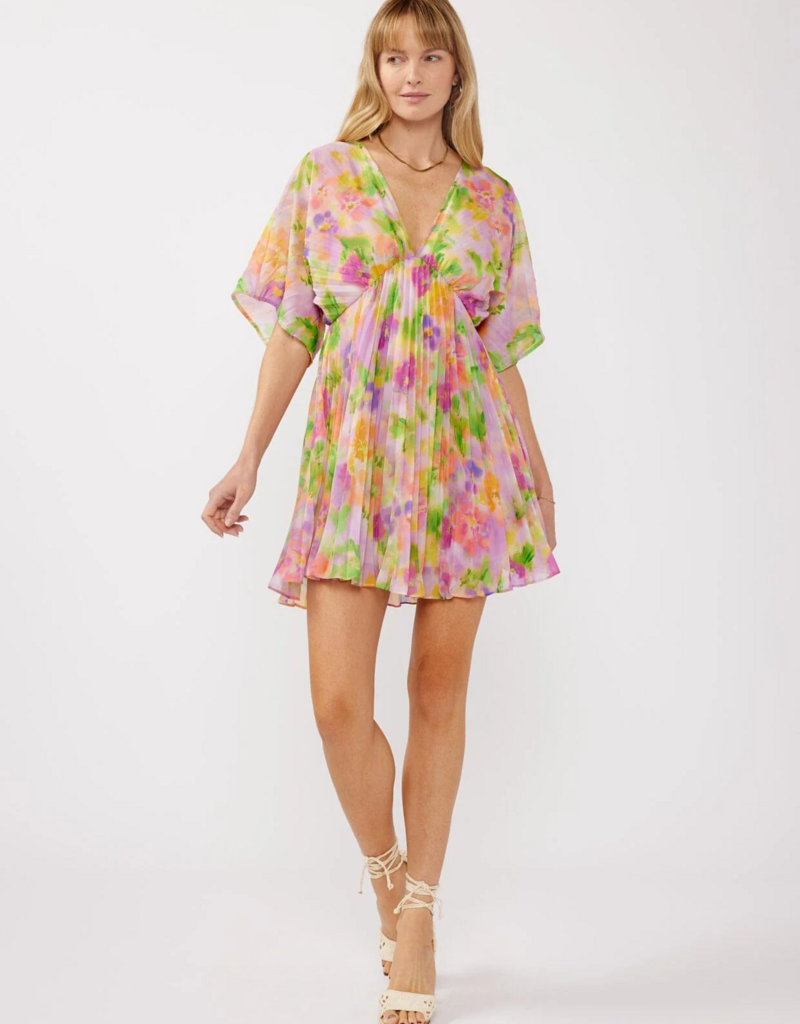 LoveStitch Mystic Bloom Pleated V-Neck Mini Dress