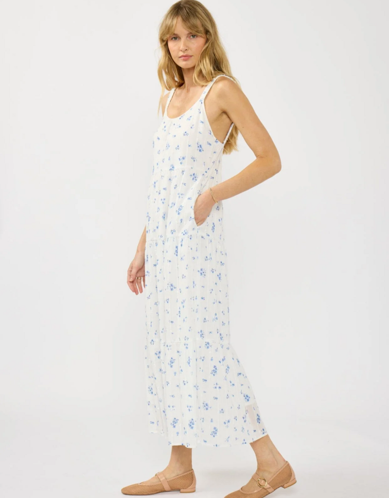 LoveStitch Marcey 100% Cotton Scoop Neck Tiered Maxi Dress in White/Blue Floral