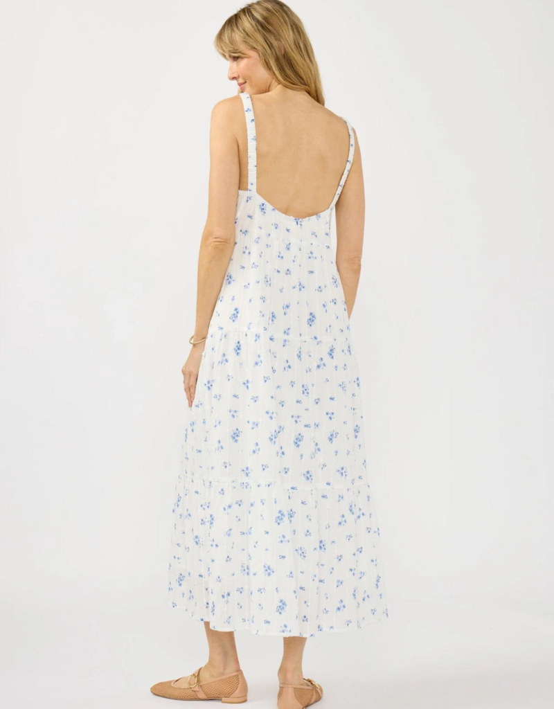 LoveStitch Marcey 100% Cotton Scoop Neck Tiered Maxi Dress in White/Blue Floral