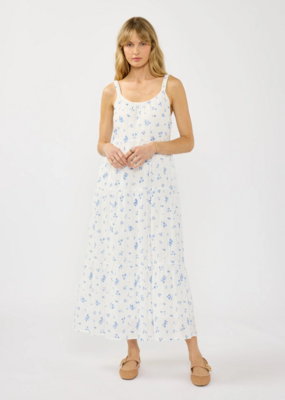LoveStitch Marcey Cotton Scoop Neck Tiered Maxi Dress in White/Blue Floral