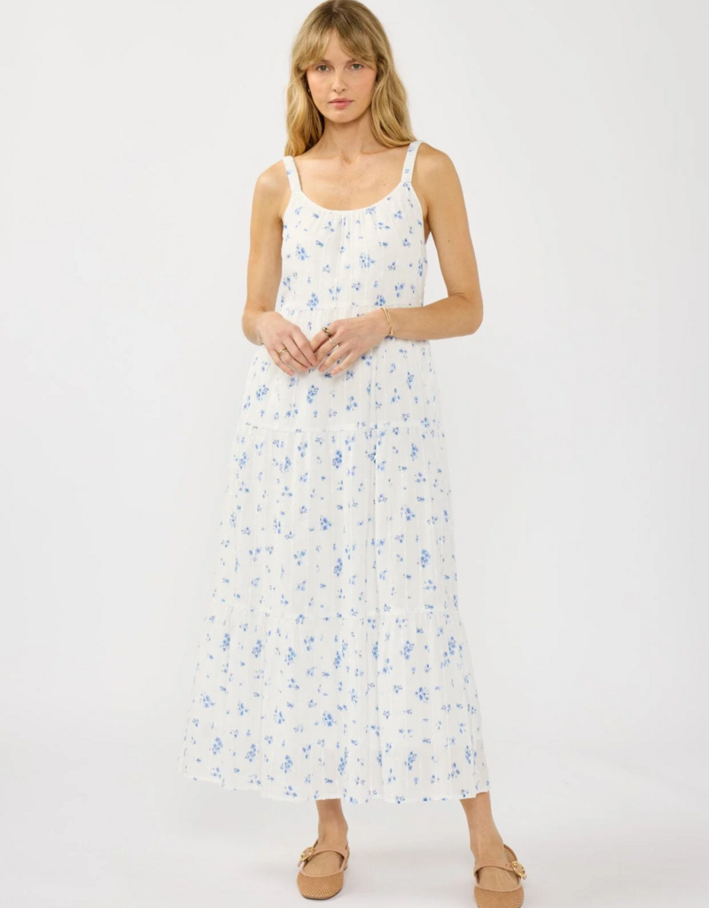LoveStitch Marcey 100% Cotton Scoop Neck Tiered Maxi Dress in White/Blue Floral
