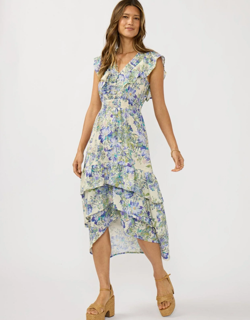 LoveStitch Marla Ruffle V-Neck Smocked Waist Tiered Midi Dress